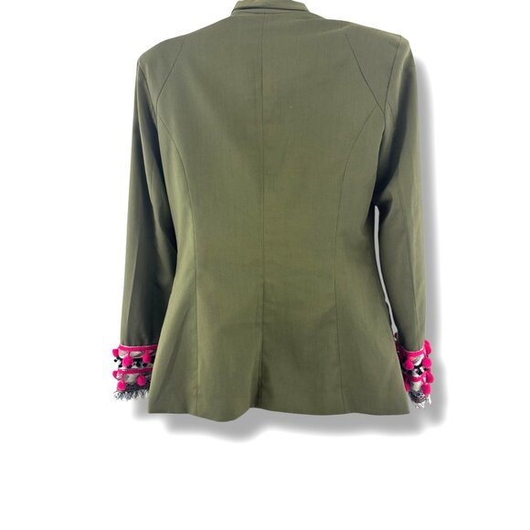 Olive Green Blazer Pom-Pom Fringe Cuffs Pockets Size M All-Season Office Jacket - Picture 7 of 10